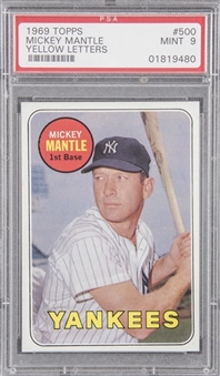 1969 Topps #500 Mickey Mantle, Yellow Letters – PSA MINT 9 